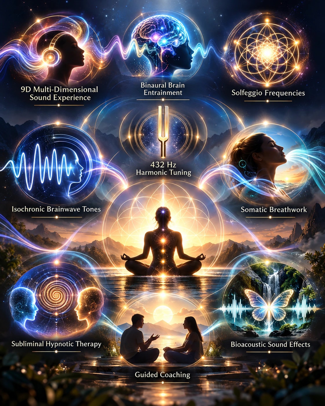 Illustration of the elements of a 9D Breathwork experience: 9D Multi-Dimensional Sound Experience, Binaural Brain Entrainment, Solfeggio Frequencies, Isochronic Brainwave Tones, 432 Hz Harmonic Tuning, Somatic Breathwork, Subliminal Hypnotic Therapy, Guided Coaching and Bioacoustic Sound Effects.